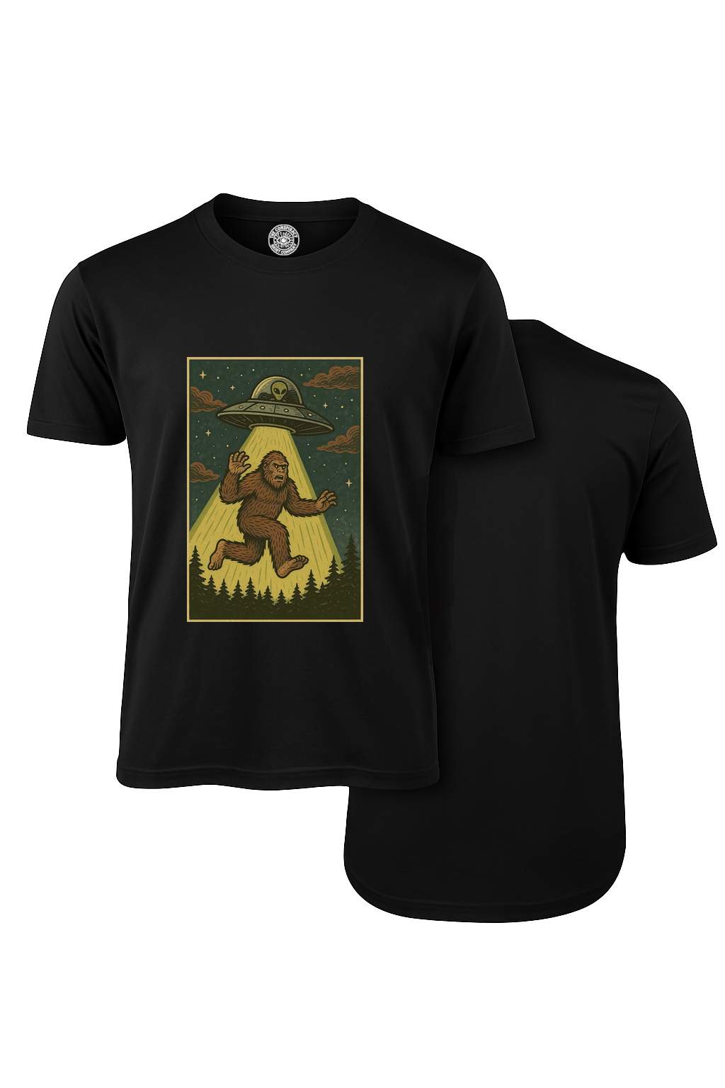 Bigfoot vs UFO – Beam Chase Through the Forest T-Shirt  (Black)
